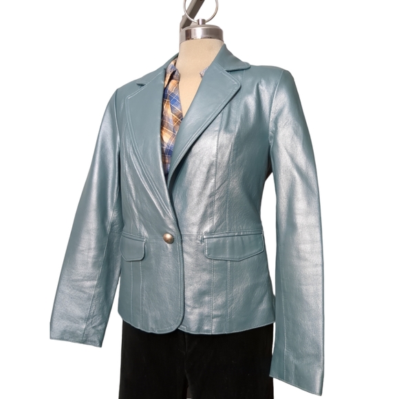 Worthington genuine leather silver blue size medium women's jacket Size M - Picture 9 of 13